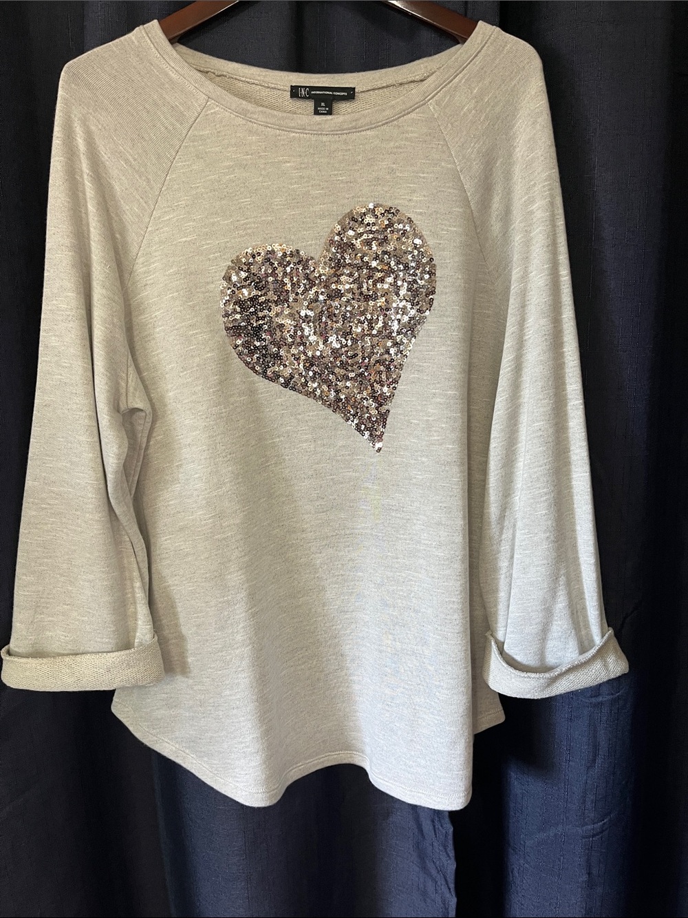 INC International Concepts Cream Sequin Heart Pullover